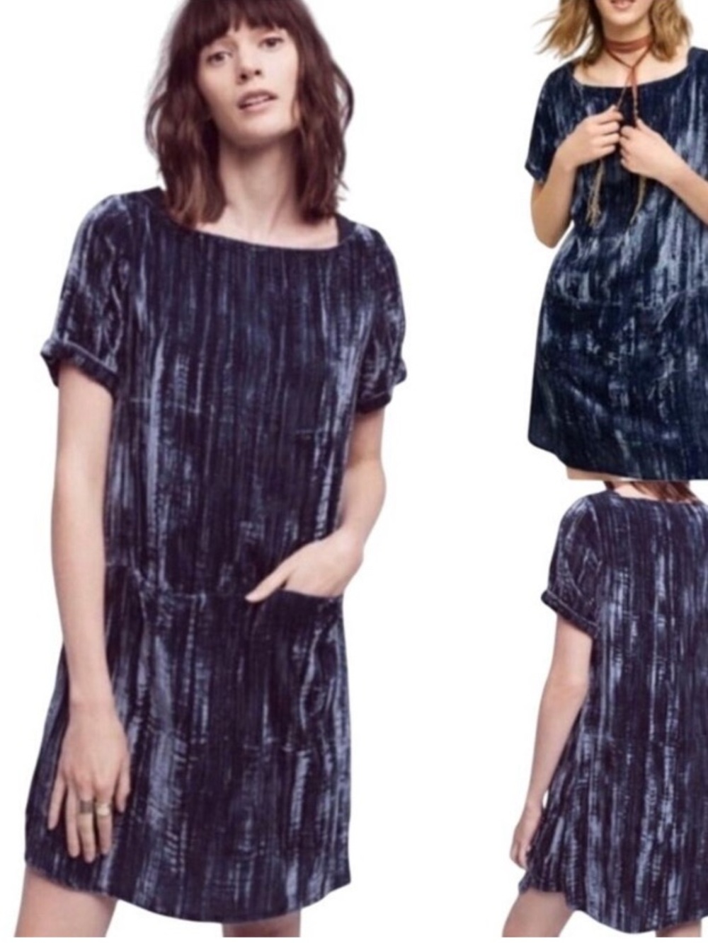 Anthropologie Floreat Crushed Velvet Pocket Tunic Shift Dress Blue L